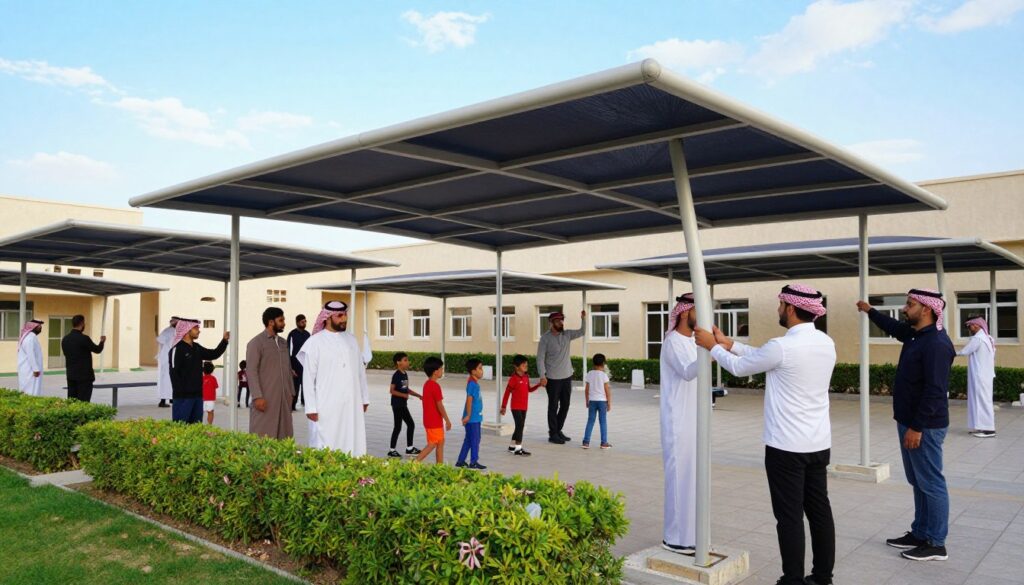 A vibrant scene depicting a professional team installing custom car shades and outdoor canopies at a school in Qatif, Saudi Arabia. In the foreground, a diverse group of workers, dressed in professional attire, carefully sets up sleek, modern canopies designed for energy efficiency and protection from the sun. The middle ground showcases a beautifully landscaped school yard filled with young students enjoying the shade, emphasizing the importance of sustainable design. In the background, traditional Saudi architecture peeks through under a bright blue sky with soft, diffuse lighting, creating an inviting atmosphere. The image captures the essence of sustainable practices in school environments, highlighting energy conservation and outdoor comfort.
