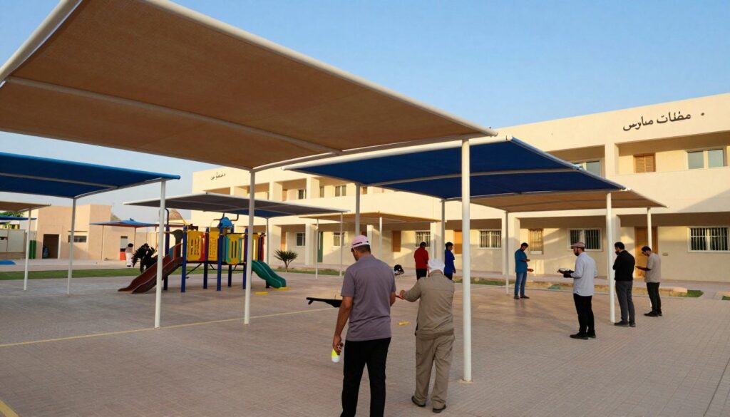 A vibrant scene depicting professional technicians installing school canopies, or "مظلات مدارس," in a sunny schoolyard setting in Khobar, Saudi Arabia. In the foreground, focused technicians, dressed in modest work attire, are meticulously positioning robust, colorful fabric canopies over playground areas. The middle ground showcases various shaded areas, illustrating the effectiveness and coverage of the installed structures. The background features the school building, characterized by contemporary architecture, under a clear blue sky with soft, warm sunlight highlighting the scene. Emphasize the mood of productivity and collaboration, capturing the essence of a well-organized installation process. The perspective should be slightly elevated to give a panoramic view of the installation site while ensuring details of the canopies are prominently showcased. A vibrant scene depicting professional technicians installing school canopies, or "مظلات مدارس," in a sunny schoolyard setting in Khobar, Saudi Arabia. In the foreground, focused technicians, dressed in modest work attire, are meticulously positioning robust, colorful fabric canopies over playground areas. The middle ground showcases various shaded areas, illustrating the effectiveness and coverage of the installed structures. The background features the school building, characterized by contemporary architecture, under a clear blue sky with soft, warm sunlight highlighting the scene. Emphasize the mood of productivity and collaboration, capturing the essence of a well-organized installation process. The perspective should be slightly elevated to give a panoramic view of the installation site while ensuring details of the canopies are prominently showcased.