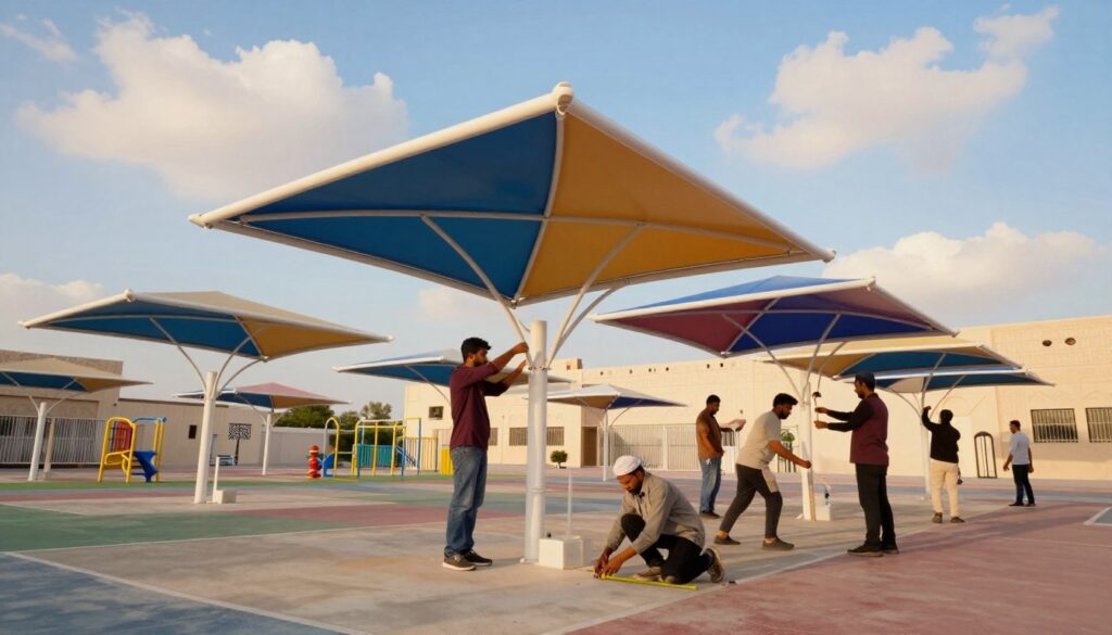 A vibrant scene depicting the future of school canopies in Qatif, showcasing a professional team actively installing custom car shades and outdoor canopies. In the foreground, artisans in modest casual clothing focus on precise measurements and adjustments, demonstrating teamwork and craftsmanship. The middle ground features several modern, colorful school canopies arching gracefully over a spacious playground, offering protection from the sun. In the background, a bright blue sky with soft, fluffy clouds enhances the inviting atmosphere, while Qatif's unique architectural style subtly appears, blending tradition and innovation. The lighting is warm and inviting, creating a cheerful mood, captured from a low angle to emphasize the scale and importance of these protective structures.