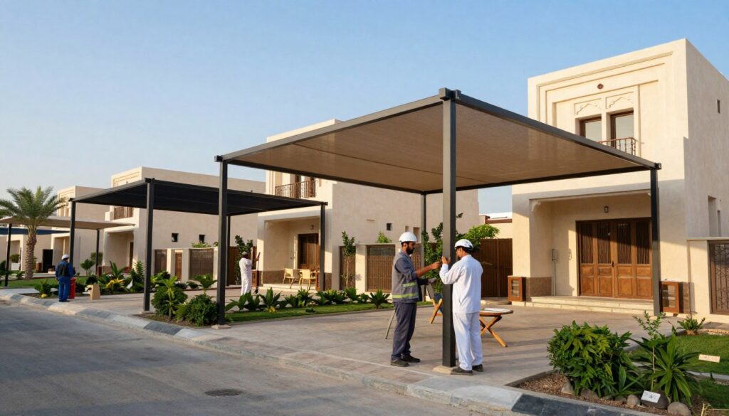 A vibrant scene depicting the installation of custom shade structures in a residential area of Al Khaleej district, Dammam. In the foreground, skilled professionals dressed in modest work attire are expertly assembling a variety of high-quality shade canopies, showcasing their craftsmanship. The middle ground reveals modern Saudi villas with traditional architectural elements, surrounded by lush greenery and well-maintained gardens. In the background, a clear blue sky filters warm sunlight, enhancing the inviting atmosphere. The composition uses a slightly elevated angle to capture the entire setup, providing depth to the installation process. The mood is focused yet friendly, reflecting professionalism and quality craftsmanship in shade installation.