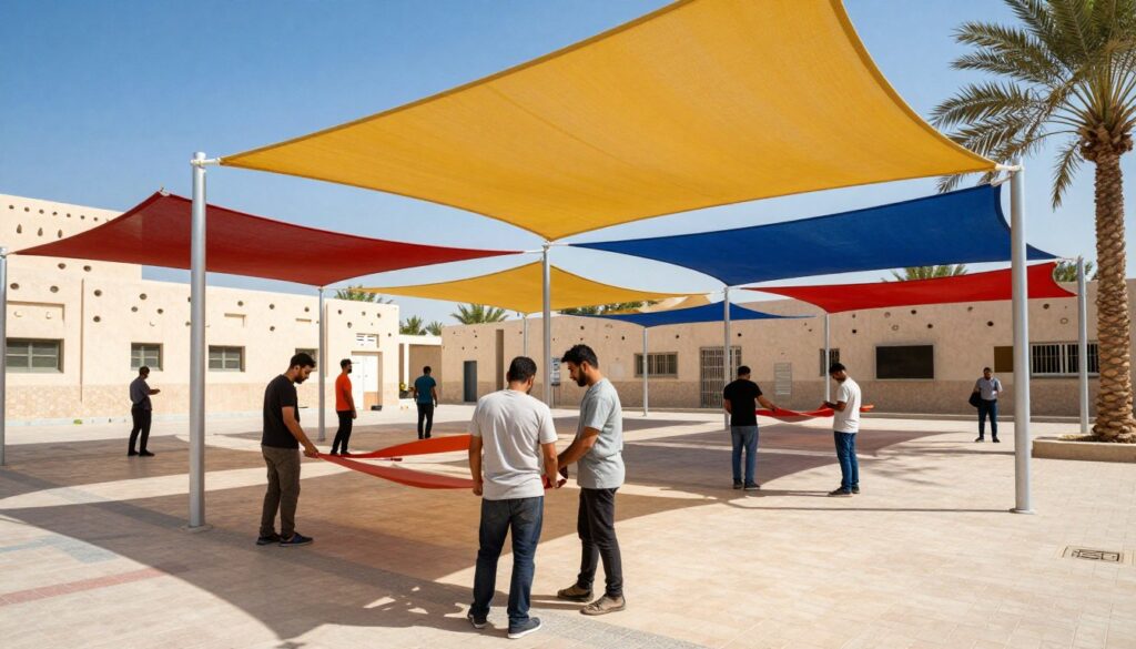 A vibrant scene depicting the installation of school shades in Al-Qatif, Saudi Arabia, showcasing a professional team of workers in modest casual clothing. In the foreground, the crew is hard at work assembling colorful, custom outdoor canopies designed for school environments. The middle ground features a well-maintained school yard, with the newly installed shades elegantly arching overhead, providing a comfortable area for students. In the background, traditional Saudi architecture and palm trees frame the scene under a bright, clear blue sky. The sunlight casts warm, inviting light, highlighting the teamwork and professionalism of the crew. The atmosphere is energetic yet safe, emphasizing the importance of reliable shade solutions for educational institutions.