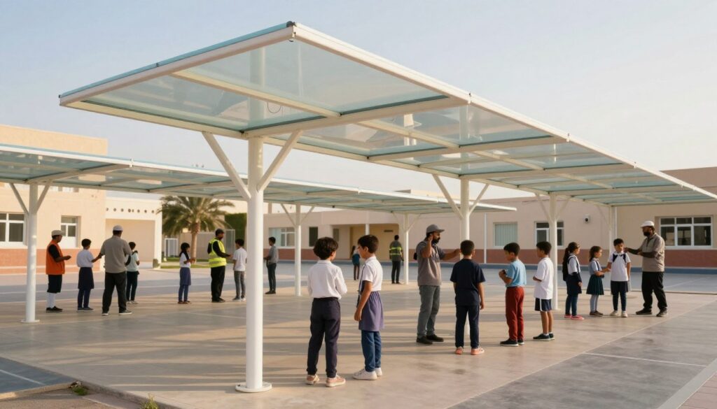A vibrant scene featuring polycarbonate canopies installed in a school setting in Qatif, Saudi Arabia. In the foreground, show a series of sleek, modern polycarbonate umbrellas providing shade for students in a well-maintained schoolyard. Capture children in modest school attire interacting under the canopies, enjoying their outdoor environment. The middle ground should reveal the professional installation team, composed of individuals in work attire, skillfully setting up additional canopies, emphasizing teamwork and expertise. In the background, depict a clear sky with soft, natural sunlight casting warm light on the scene, creating a cheerful mood. Ensure the setting conveys a sense of safety, comfort, and modernity, highlighting the purpose and style of the school canopies without any text or logos.