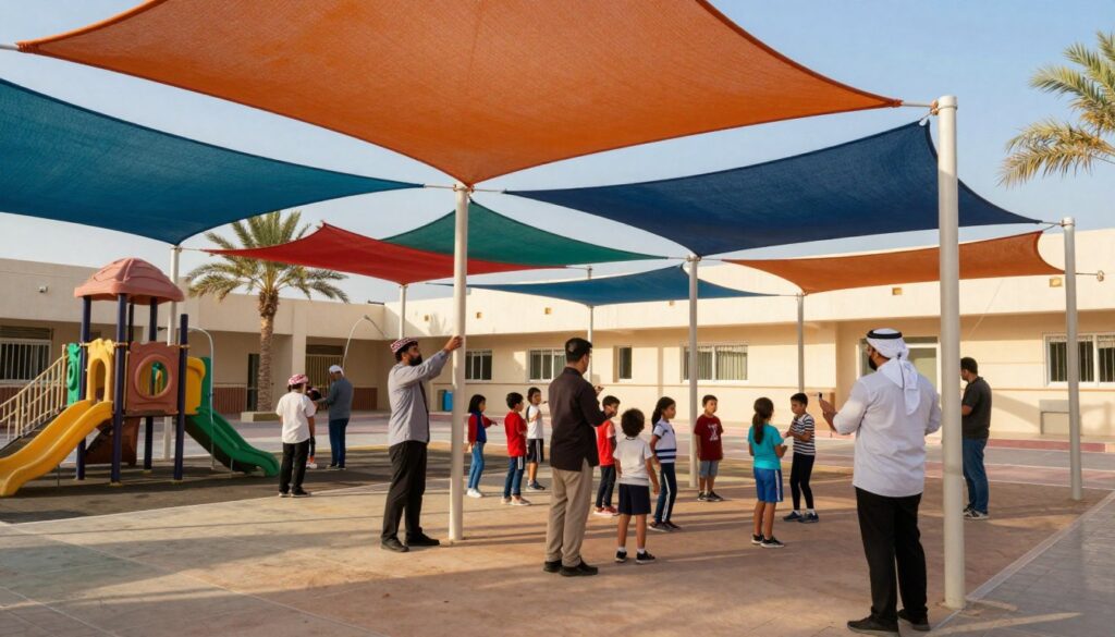 A vibrant scene of a professional installation team working under colorful school canopies in a public school setting in Al Khobar, Saudi Arabia. In the foreground, technicians in modest business attire carefully adjust large, brightly colored shade structures over playgrounds and outdoor areas. In the middle ground, students play and enjoy shaded spaces, giving a sense of community and engagement. The background features a clear blue sky and the school's architecture, with palm trees swaying gently. The atmosphere is lively, filled with laughter and sunlight, capturing a sense of safety and joy. The lighting is warm and inviting, highlighting the textures of the canopies and the happy expressions on the children's faces. A vibrant scene of a professional installation team working under colorful school canopies in a public school setting in Al Khobar, Saudi Arabia. In the foreground, technicians in modest business attire carefully adjust large, brightly colored shade structures over playgrounds and outdoor areas. In the middle ground, students play and enjoy shaded spaces, giving a sense of community and engagement. The background features a clear blue sky and the school's architecture, with palm trees swaying gently. The atmosphere is lively, filled with laughter and sunlight, capturing a sense of safety and joy. The lighting is warm and inviting, highlighting the textures of the canopies and the happy expressions on the children's faces.