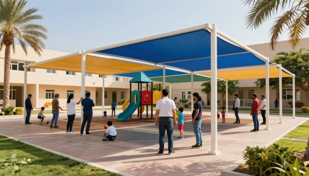 A vibrant scene of a schoolyard in Khobar, Saudi Arabia, featuring colorful, custom shades being installed over playgrounds and walkways. In the foreground, a diverse, professional team in smart casual attire is skillfully positioning the canopies, showcasing teamwork and dedication. The middle ground highlights the sturdy, sleek designs of the shades providing shelter for children at play, with a play structure visible beneath a vibrant blue shade. In the background, the school building stands under a clear blue sky, framed by lush greenery and palm trees, enhancing the environment's tranquility. Soft, warm sunlight filters through the canopies, creating a welcoming atmosphere that emphasizes the environmental benefits of shade structures for educational spaces. The overall mood conveys safety, protection, and community engagement in the educational setting. A vibrant scene of a schoolyard in Khobar, Saudi Arabia, featuring colorful, custom shades being installed over playgrounds and walkways. In the foreground, a diverse, professional team in smart casual attire is skillfully positioning the canopies, showcasing teamwork and dedication. The middle ground highlights the sturdy, sleek designs of the shades providing shelter for children at play, with a play structure visible beneath a vibrant blue shade. In the background, the school building stands under a clear blue sky, framed by lush greenery and palm trees, enhancing the environment's tranquility. Soft, warm sunlight filters through the canopies, creating a welcoming atmosphere that emphasizes the environmental benefits of shade structures for educational spaces. The overall mood conveys safety, protection, and community engagement in the educational setting.
