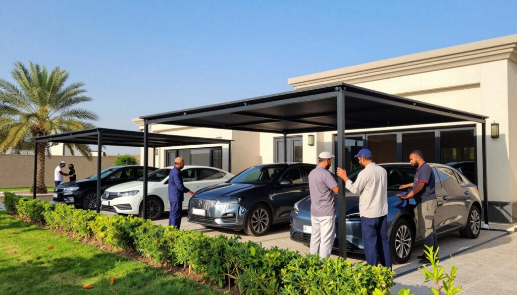 A vibrant scene showcasing a landscape in Al-Ahsa, featuring a professional team installing ready-to-use car shades and outdoor canopies adjacent to a modern villa. In the foreground, skilled workers dressed in modest, professional attire meticulously work on installing the structural supports for the canopies, showcasing their craftsmanship. The middle ground displays the sleek, finished car shades, complemented by lush greenery and well-maintained landscaping around the villa. In the background, a clear blue sky and gentle sunlight create a bright and inviting atmosphere, emphasizing the professionalism and quality of the installation. The image should capture a sense of teamwork and dedication in a serene outdoor environment.