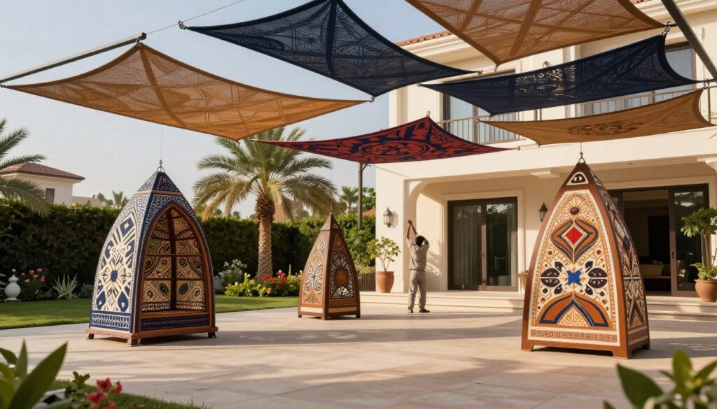 A vibrant scene showcasing elegantly installed hanging shade structures in a modern Saudi villa garden. In the foreground, highlight various artistic designs of the shade structures, emphasizing their unique patterns and colors. The middle ground features a professional installer, dressed in modest casual clothing, skillfully setting up one of the shades, demonstrating a seamless and efficient installation process. In the background, depict a beautifully landscaped villa exterior, with palm trees and flowering plants, bathed in warm afternoon sunlight creating soft shadows. Use a wide-angle lens to capture the spaciousness and sophistication of the environment, conveying a mood of elegance and tranquility, while promoting the value these shade structures add to the aesthetic appeal of the home.
