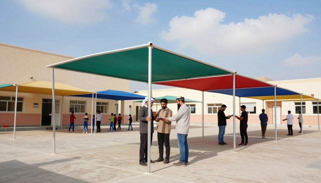 A vibrant scene showcasing school canopies in Al Khobar, Saudi Arabia. In the foreground, a professional team is diligently installing colorful and durable outdoor canopies, designed to provide shade for students. They are wearing modest casual clothing, focused on their task. The middle ground features several school buildings, illustrating a modern educational environment with children playing beneath the canopies. The background displays a clear blue sky with a few fluffy clouds, emphasizing a sunny day. Soft sunlight casts gentle shadows, enhancing the inviting atmosphere of the scene. The image captures a sense of community and the importance of outdoor protection in an educational setting, reflecting both professionalism and dedication. A vibrant scene showcasing school canopies in Al Khobar, Saudi Arabia. In the foreground, a professional team is diligently installing colorful and durable outdoor canopies, designed to provide shade for students. They are wearing modest casual clothing, focused on their task. The middle ground features several school buildings, illustrating a modern educational environment with children playing beneath the canopies. The background displays a clear blue sky with a few fluffy clouds, emphasizing a sunny day. Soft sunlight casts gentle shadows, enhancing the inviting atmosphere of the scene. The image captures a sense of community and the importance of outdoor protection in an educational setting, reflecting both professionalism and dedication.