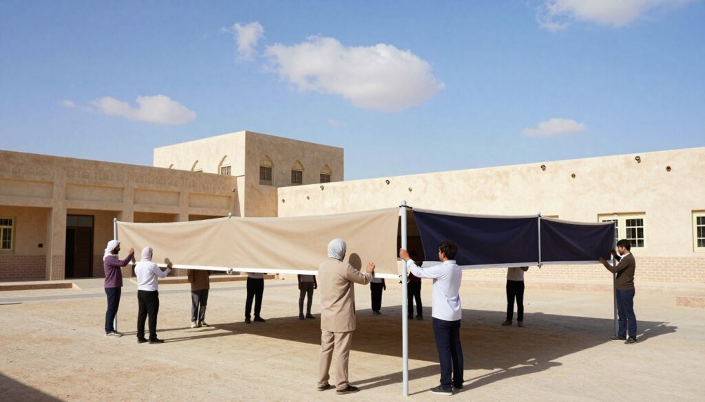 A vibrant scene showcasing school shades in the Al-Ahsa region, emphasizing their design and functionality against a backdrop of the region's distinctive climate. In the foreground, a team of professionals, dressed in modest casual clothing, is installing sleek, modern fabric shades over school playgrounds, providing a protective cover. The middle ground features various school buildings with traditional architecture, harmoniously blending into the environment. The sky is a bright blue, with some scattered clouds, reflecting the sunny, warm climate of Al-Ahsa. The lighting is bright and natural, enhancing the colors of the shades. The atmosphere is one of safety and comfort, highlighting the importance of these installations in protecting children from the climate challenges in the area.