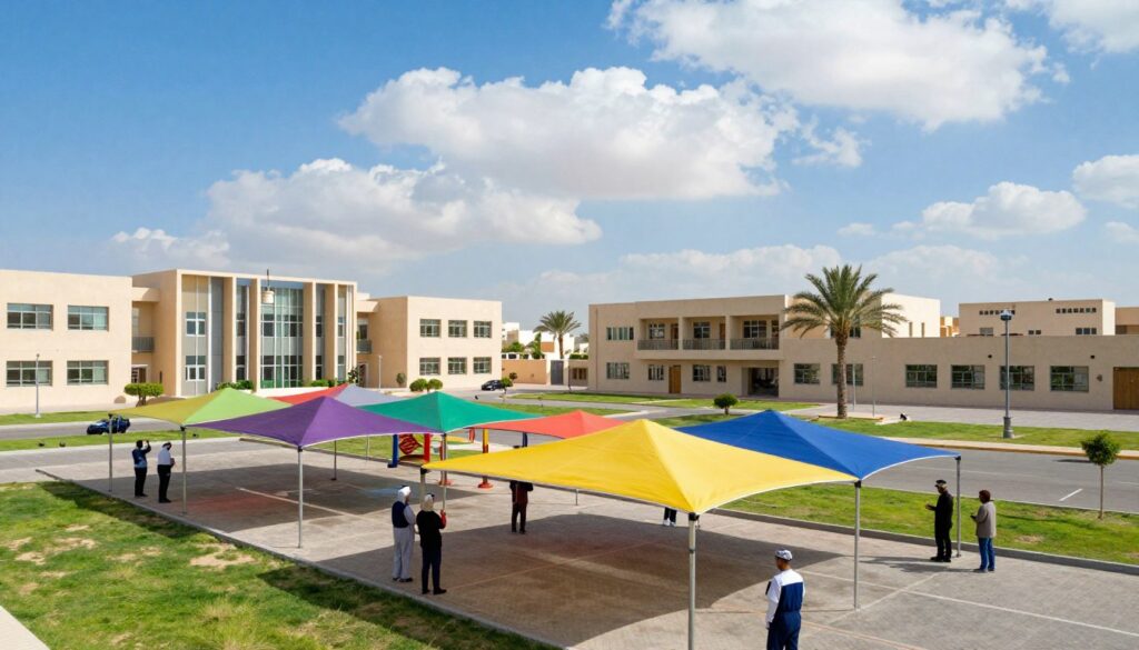 A vibrant scene showcasing the installation of custom car shades and outdoor canopies at a school in Al-Dammam, located in the Eastern Province of Saudi Arabia. In the foreground, a professional team, dressed in modest work attire, is engaged in setting up colorful, durable canopies over play areas and parking lots, enhancing the outdoor environment for students. The middle ground features several schools with modern architecture, surrounded by green spaces and palm trees, conveying a welcoming atmosphere. In the background, the skyline of Al-Dammam is visible under a bright blue sky with fluffy white clouds, creating an uplifting mood. The lighting is bright and natural, with the sun positioned to the side, casting soft shadows that add depth to the scene.