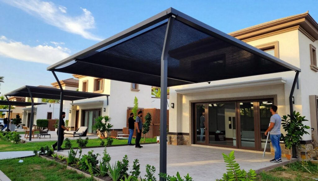A vibrant scene showcasing the professional installation of custom shade structures in a residential area resembling the neighborhoods of Granada and Qurtubah. In the foreground, skilled workers in modest casual clothing are meticulously assembling sleek, modern shade sails, demonstrating teamwork and expertise. The middle ground reveals elegant Saudi villas with contemporary architectural designs, surrounded by lush greenery and well-kept gardens. The background features a bright blue sky, accentuated by the soft glow of daylight, creating a cheerful and welcoming atmosphere. The angle captures the activity from a slightly elevated perspective, allowing for a dynamic view of the installation process. The overall mood is professional, emphasizing quality craftsmanship and modern design in outdoor living spaces.