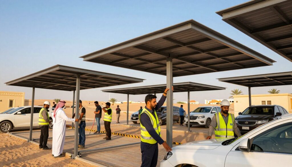 A vibrant scene showing a professional team installing custom metal canopies and car shades in Al-Qatif, Saudi Arabia. In the foreground, detail skilled workers wearing business attire and safety gear, carefully assembling the metal structures. The middle ground features partially constructed canopies with intricate designs, emphasizing their robustness and modern aesthetic. In the background, capture the desert landscape of Al-Qatif, with palm trees and a clear blue sky, all bathed in warm sunlight that creates an inviting atmosphere. Employ a wide-angle perspective to showcase the scale of the installation, highlighting the efficiency and teamwork of the crew, while focusing on the benefits of such installations in enhancing outdoor spaces.