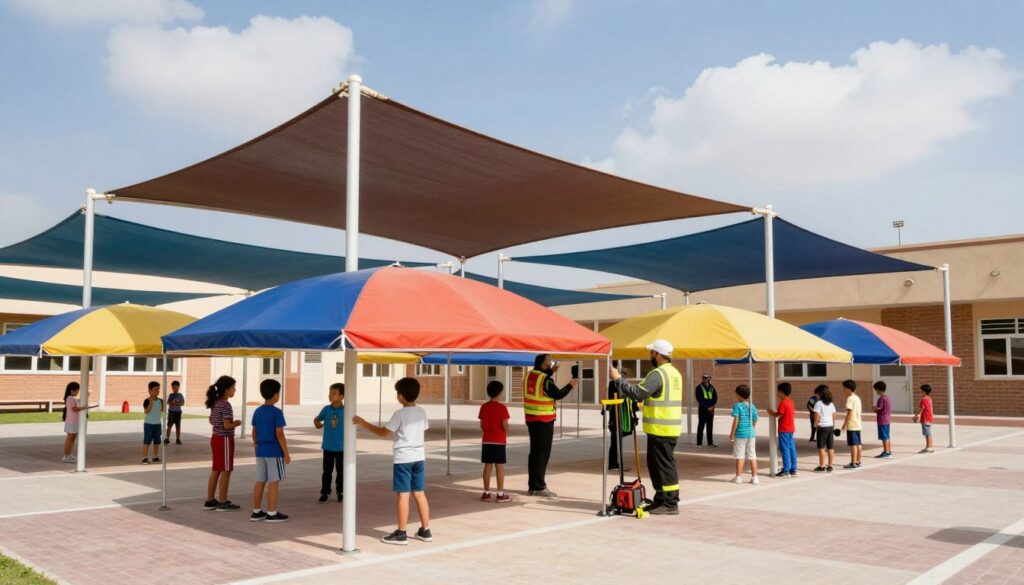 A vibrant schoolyard scene in Dammam, showcasing contemporary shaded canopies protecting students from the sun. In the foreground, a group of schoolchildren in modest casual clothing play happily beneath colorful, custom car shades that provide essential shelter. In the middle, a professional team is actively installing large outdoor canopies, complete with tools and safety gear, emphasizing the importance of shading in school environments. The background features a sunny blue sky with scattered clouds and a view of the school's brick building, highlighting the architectural style of Dammam. The overall atmosphere is lively and cheerful, with bright, natural lighting illuminating the scene, captured from a slightly elevated angle to provide an expansive view of the shaded areas.