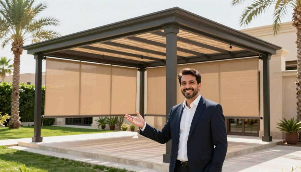 A visually appealing scene showcasing a satisfied customer standing in front of elegantly designed Louvre shade structures installed at a modern villa in Dammam, Saudi Arabia. The foreground features the customer, dressed in professional business attire, expressing satisfaction while gesturing towards the installation. In the middle, the Louvre shades are beautifully arranged, allowing soft sunlight to filter through, creating a warm and inviting atmosphere. The background reveals a tastefully landscaped garden with palm trees and lush greenery, typical of Saudi architecture. The lighting is bright and natural, capturing the essence of a sunny day. The mood is positive and professional, reflecting customer testimonials about the effectiveness of privacy and ventilation offered by the shade structures.