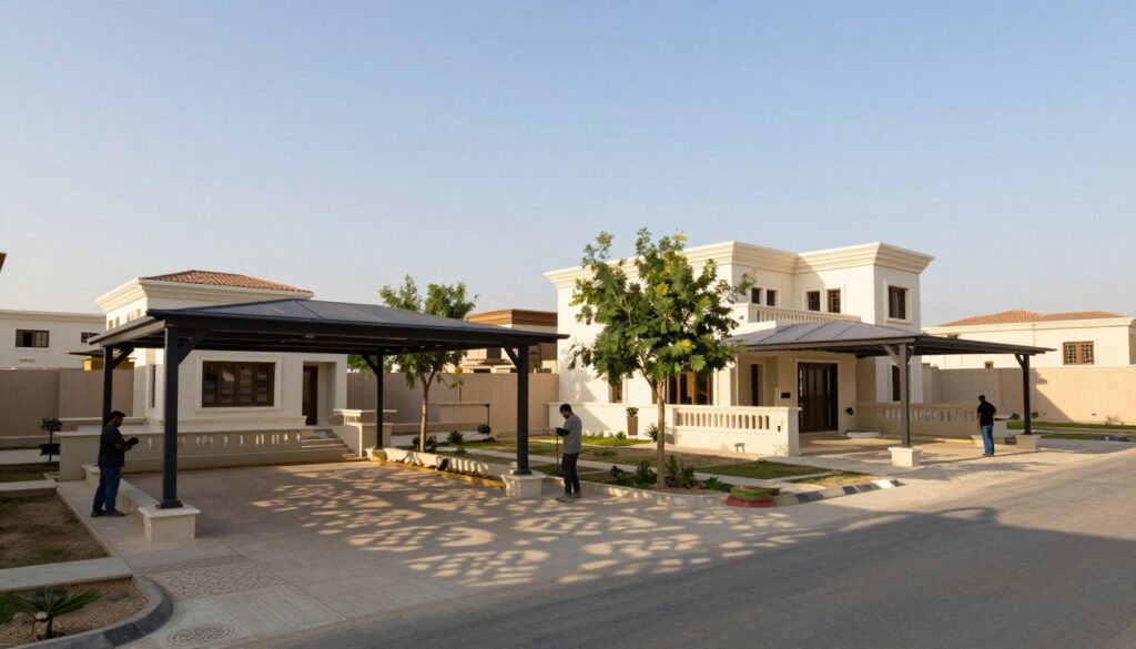 A visually appealing view of professional shade structure installations at several Saudi villas, showcasing various designs of custom awnings and canopies providing shelter in a residential area. In the foreground, a beautifully detailed shade structure with intricate patterns casts interesting shadows on the ground. In the middle ground, a series of elegant villas demonstrate the harmonious blend of architecture and shade solutions, with a few lush trees surrounding them. The background features a clear blue sky with soft, warm sunlight illuminating the scene, creating a serene atmosphere. The image should be captured from a slightly elevated angle to provide depth, emphasizing the structures and their integration into the homes. Professional workers in modest casual clothing can be seen adjusting the installations, adding a touch of authenticity to the scene, while maintaining a clean and professional aesthetic.