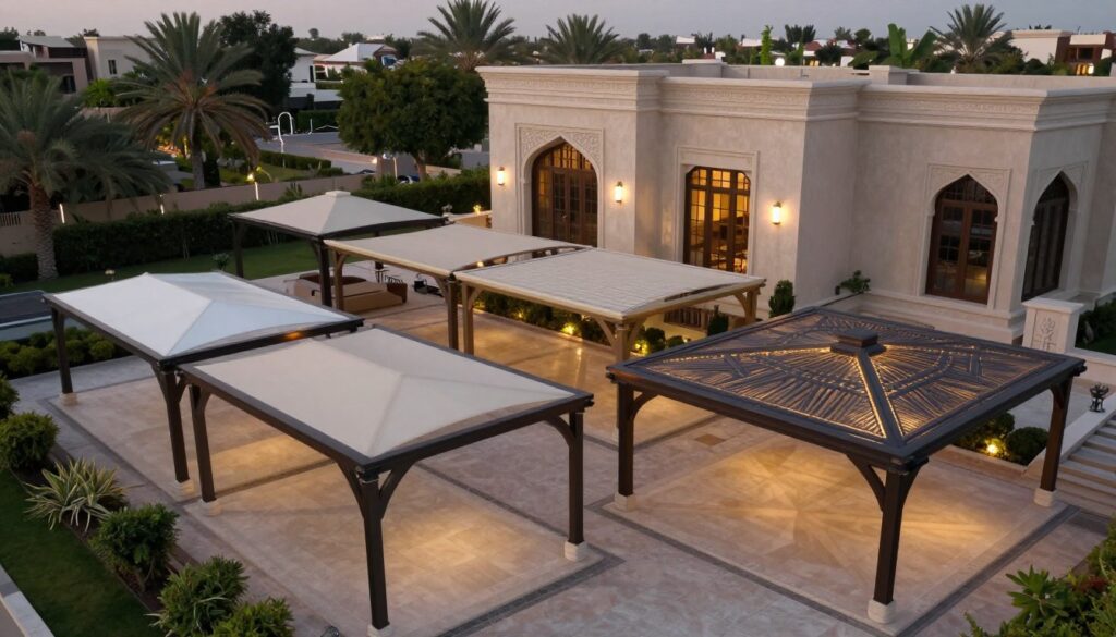 A visually striking comparison image featuring elegant laser arc canopies displayed prominently in the foreground, showcasing intricate craftsmanship and modern design. Side by side, various other types of shade structures are presented in the middle ground, highlighting their differences in style and functionality. In the background, a luxurious Saudi villa with distinct architectural features adds context, surrounded by lush greenery typical of the Al-Jawhara neighborhood. Soft, warm lighting casts gentle shadows, enhancing the textures of the materials used in the canopies. The atmosphere exudes sophistication and innovation, portraying a professional installation that aligns with the high standards expected in upscale residences. The angle is slightly elevated, offering a comprehensive view of both the canopies and the villa's exterior.