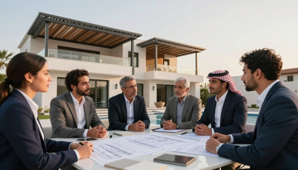 A visually striking scene depicting a professional consultation setting for custom shade structure installations suitable for Saudi villas. In the foreground, a diverse group of professionals in smart business attire discusses plans around a sleek table with blueprints and samples of materials. The middle ground features an elegant villa with modern shade structures, showcasing various designs and materials integrated into the architecture. In the background, a sunny sky complements the warm atmosphere, casting soft, inviting light over the scene. The mood is friendly yet professional, promoting collaboration and innovation. The image should clearly convey a sense of communication and partnership, encouraging viewers to connect and start their projects.