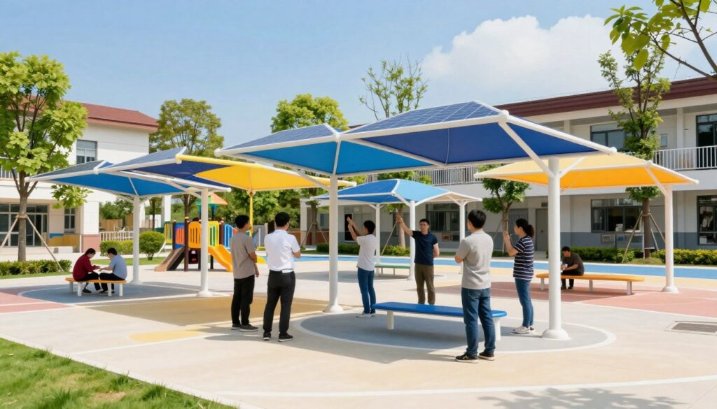 A visually striking scene of sustainable school shade designs in a vibrant outdoor setting. The foreground features a team of professionals in modest casual attire, actively installing innovative, eco-friendly canopies over playgrounds and outdoor seating areas. In the middle ground, colorful, solar-powered shades create a playful contrast against a backdrop of green trees and a bright blue sky, capturing the essence of a lively school environment. The background showcases a modern school building, harmoniously integrated with nature, emphasizing sustainability. The lighting is bright and cheerful, suggesting a sunny day, with soft shadows cast by the canopies. The atmosphere is dynamic and engaging, illustrating the commitment to sustainable design in educational spaces. A visually striking scene of sustainable school shade designs in a vibrant outdoor setting. The foreground features a team of professionals in modest casual attire, actively installing innovative, eco-friendly canopies over playgrounds and outdoor seating areas. In the middle ground, colorful, solar-powered shades create a playful contrast against a backdrop of green trees and a bright blue sky, capturing the essence of a lively school environment. The background showcases a modern school building, harmoniously integrated with nature, emphasizing sustainability. The lighting is bright and cheerful, suggesting a sunny day, with soft shadows cast by the canopies. The atmosphere is dynamic and engaging, illustrating the commitment to sustainable design in educational spaces.