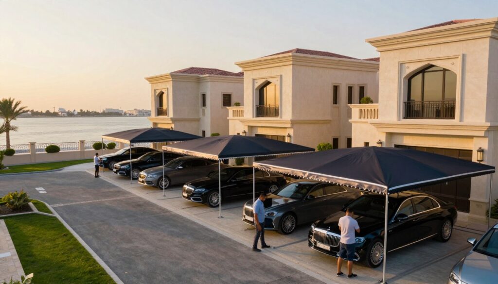 A vivid scene depicting the installation of elegant car shade structures in a residential area of Dammam, featuring modern villas with beautiful architecture. In the foreground, skilled professionals in smart casual attire are focused on mounting sophisticated, custom-made canopies over luxury cars parked in driveways. The middle ground showcases the sleek lines of the car shades, designed to provide both protection and an aesthetic touch, blending harmoniously with the villa's exterior. In the background, a scenic view reveals the stunning Dammam corniche, bathed in warm golden sunset light, creating a serene and inviting atmosphere. The image should be captured from a slightly elevated angle to emphasize the completeness of the installation and the elegance of the surroundings. The overall mood is one of luxury, protection, and beauty in a sophisticated residential setting.