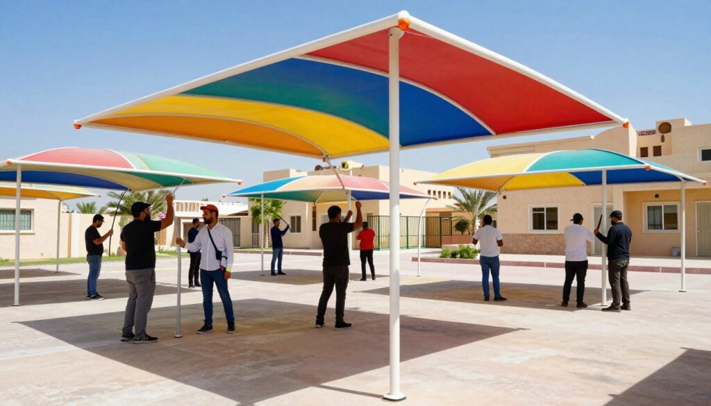A vivid scene showcasing a professional installation of school canopies in a vibrant neighborhood in Al-Ahsa, Saudi Arabia. In the foreground, a skilled team, dressed in smart casual attire, is meticulously setting up colorful, weather-resistant canopies designed for school use. The middle ground features a variety of stylish and functional school umbrellas, casting playful shadows on the ground. In the background, a clear blue sky contrasts with the inviting architecture of nearby villas, highlighting the sunlit environment. Natural lighting enhances the vibrant colors of the canopies while creating a welcoming atmosphere. The angle should capture both the teamwork and the functionality of the installation, emphasizing safety and professionalism.