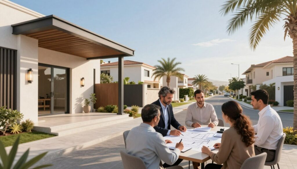 An architectural illustration depicting the legal requirements for building extensions in the upscale neighborhoods of Al-Shati and Al-Rawda. Foreground features a modern villa with elegant façade and a custom shade structure, incorporating elements of sandwich panel technology. In the middle ground, a detailed scene highlights a professional meeting between homeowners and architects, discussing blueprints and legal documents. The background showcases a serene street lined with luxury houses and palm trees, under a bright blue sky. Soft afternoon light casts gentle shadows, creating a warm, inviting atmosphere that conveys professionalism and reliability. The overall mood reflects a sense of community and the importance of adhering to building regulations.