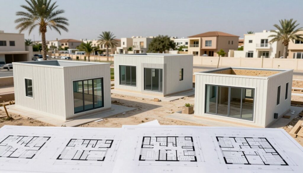 An architectural visualization of various prefabricated sandwich panel rooms, showcasing their dimensions and configurations. In the foreground, highlight a selection of floor plans or blueprints laid out on a table, detailing their sizes and layout options. In the middle ground, display several completed sandwich panel rooms, emphasizing their modern design and insulation quality, featuring large windows for natural light. The background captures a sunny suburban setting in Al Rayyan, with palm trees and villas to reflect the local environment. Use bright, natural lighting to convey a welcoming atmosphere. The angle should be slightly elevated to showcase both the designs and the context. The mood should be professional and informative, emphasizing quality and efficiency in construction. Ensure there are no captions, text overlays, or watermarks in the image.
