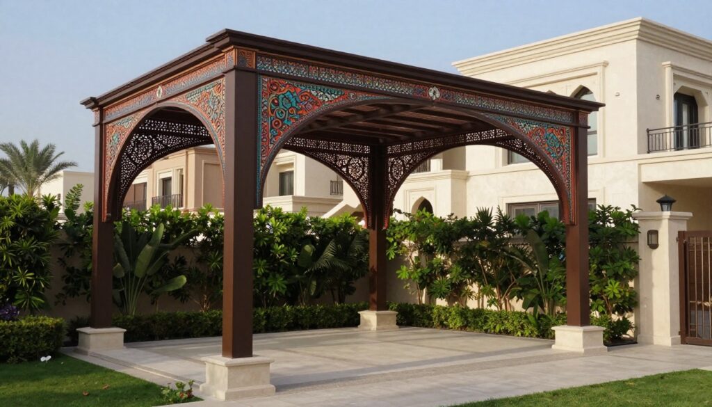 An elegant outdoor scene showcasing a beautifully installed laser-arch shade structure in a luxurious Saudi villa located in the Al-Jawhara neighborhood. The foreground features a richly designed shade arch with intricate details and vibrant colors, seamlessly blending with the aesthetic of the villa. In the middle ground, lush green landscaping complements the shade structure, inviting a sense of tranquility. The background consists of modern architectural elements characteristic of high-end houses in Dammam, with a clear blue sky creating a serene atmosphere. Soft, natural lighting highlights the contours of the shade structure and casts gentle shadows, enhancing its sophistication. Aim for an overall mood of elegance and craftsmanship, portraying the quality of the installation by Eastern Shade and Canopies Company.