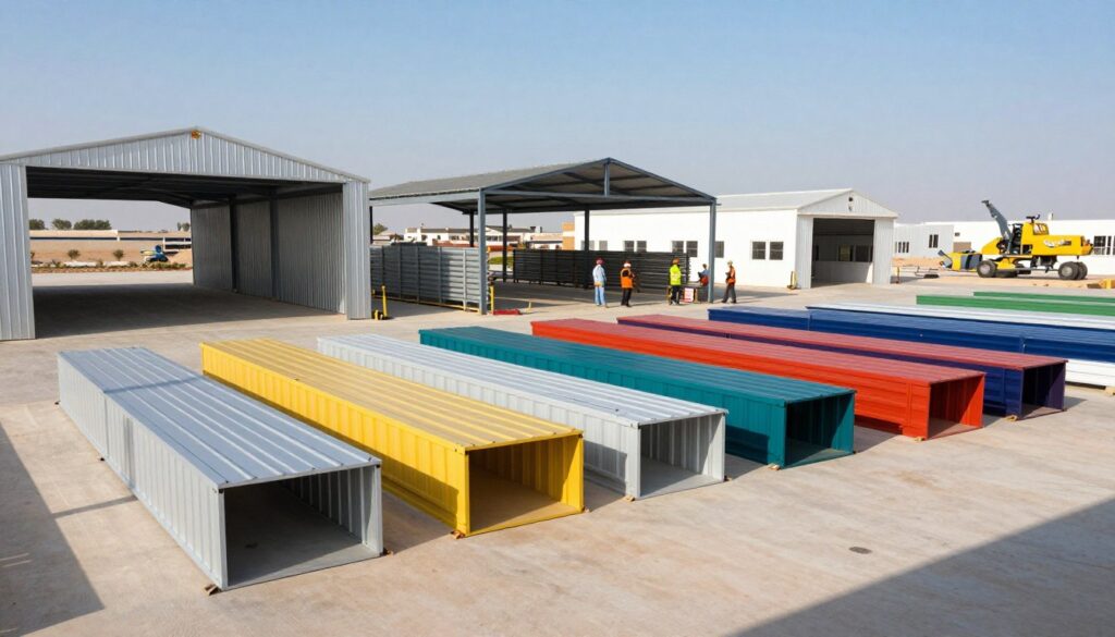 An industrial scene showcasing various sandwich panel structures in a vibrant, modern industrial area of Dammam, Saudi Arabia. In the foreground, several sandwich panel hangars exhibit different colors and sizes, demonstrating their versatility. The middle ground features construction workers in professional attire, inspecting the installations, highlighting the importance of quality and durability. The background showcases a clear blue sky and distant machinery, reflecting an active industrial environment. Soft sunlight casts dynamic shadows, creating an engaging atmosphere. The image captures the essence of pricing factors for sandwich panel hangars, emphasizing quality, design, and functionality in a professional setting, while aiming for a visually appealing, harmonious composition that conveys a sense of progress and innovation.