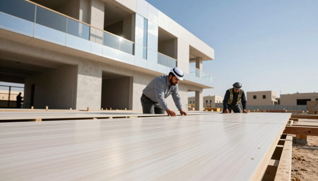 Close-up of a modern sandwich panel installation in a construction project in Dammam, Saudi Arabia. In the foreground, show workers in professional business attire carefully installing panels on a contemporary building. The middle ground features a partially built structure showcasing sandwich panels with reflective surfaces under bright sunlight. In the background, include a clear blue sky and distant traditional buildings, illustrating the contrast between modern and traditional construction. Use natural lighting to highlight the materials' textures, with a slight angle that emphasizes the scale of the project. The atmosphere is focused and industrious, capturing the efficiency and advancements in construction technology.