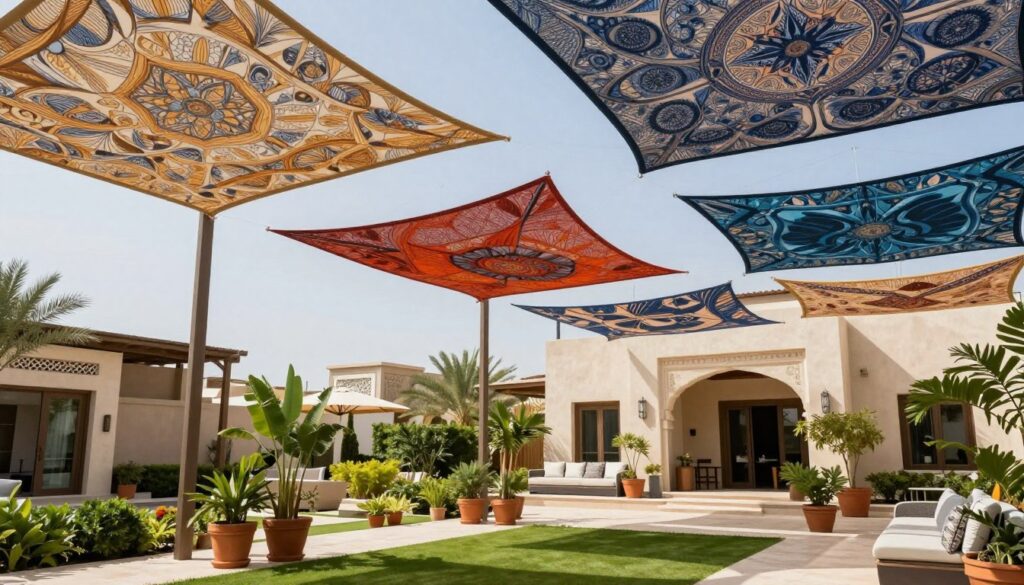 Colorful, artistic hanging shade structures gracefully suspended from a ceiling, strategically positioned in a stylish, modern outdoor space. The foreground features elegant, custom-designed canopies showcasing diverse patterns, textures, and colors that harmonize with the environment. In the middle ground, a beautifully landscaped garden surrounds the area, with potted plants and soft seating to enhance the inviting atmosphere. The background includes well-maintained villa architecture typical of the Al-Faisaliah neighborhood, under a bright blue sky. Soft, natural lighting creates a vibrant yet tranquil ambiance, accentuating the intricate details of the shade structures. Capture this scene from a slightly elevated angle to highlight the unique design features and the harmonious blend of modern architecture and nature.