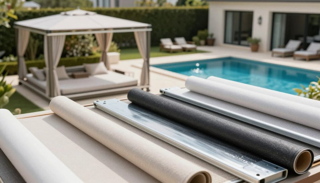 Create a detailed image of various materials used in the construction of pool shade structures for luxury villas. In the foreground, showcase a collection of high-quality fabrics, aluminum frames, and durable synthetic materials that reflect sunlight and resist weathering. In the middle ground, include partially assembled shade structures, highlighting their modern design and construction details. The background should feature a beautifully landscaped villa garden with a shimmering pool, enhancing the sense of luxury and comfort. Use soft, natural lighting to create a serene atmosphere, with a slightly elevated angle that captures the intricate detailing in the materials. The overall mood should be elegant and inviting, emphasizing privacy and aesthetic beauty.