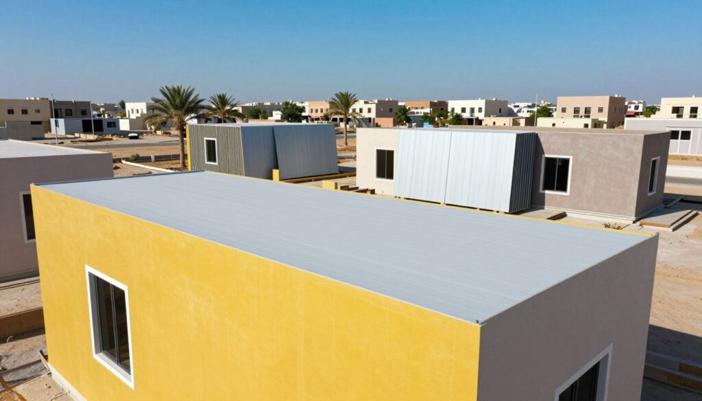 Create a detailed image showcasing the benefits of sandwich panels in residential buildings in Dammam. In the foreground, illustrate a modern residential building constructed with vibrant, fire-resistant sandwich panels, highlighting their smooth, insulated surface. The middle ground should include several panels in various stages of installation, emphasizing their strength and versatility. In the background, display a clear blue sky and a serene neighborhood environment, incorporating palm trees common in Saudi Arabia. Use bright, natural lighting to accentuate the construction materials and convey a sense of safety and stability. The mood should be professional and inviting, conveying progress and innovation in home building.