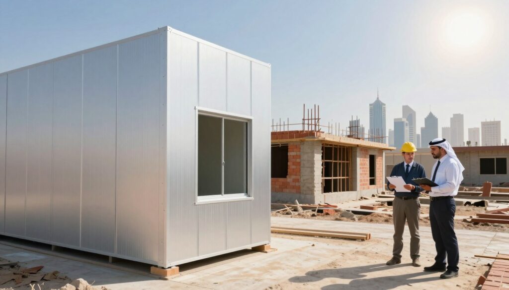 Create a visually striking image that compares the cost-effectiveness of sandwich panels and traditional construction methods. In the foreground, depict a modern sandwich panel building showcasing its sleek, lightweight design, with clear details highlighting its insulation and energy efficiency. In the middle ground, include a contrasting section of a traditional construction site, featuring bricks and mortar, with workers in professional business attire observing costs on clipboards. The background should display a sunny sky over a city skyline in Dammam, enhancing the sense of innovation versus tradition. Use bright, natural lighting to create an optimistic atmosphere, and capture the scene from a slightly elevated angle to effectively highlight both building styles in their distinct contexts.