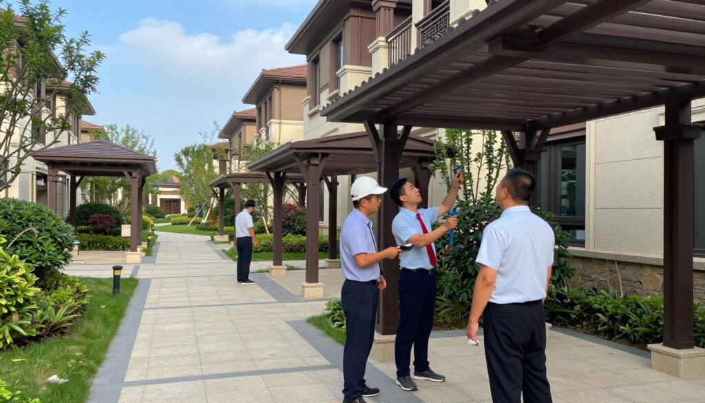 Create an image depicting the maintenance of shaded walkways in a residential complex, showcasing professionals in business attire inspecting and repairing custom shade structures. In the foreground, detail workers using tools to check the integrity of the shade installations, capturing their focused expressions. The middle ground features various types of elegant shade structures providing overhead cover, blending seamlessly with the architecture of the villas and houses in the background. The background displays a serene community atmosphere, with neatly landscaped gardens and clear blue skies, enhancing the sense of safety and comfort. The lighting should be bright yet soft, suggesting a pleasant afternoon. Aim for a realistic style that emphasizes professionalism and attention to detail in the maintenance process.