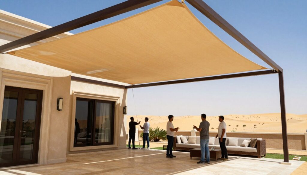 Create an image showcasing a professional installation of custom shade structures for Saudi villas. In the foreground, depict a modern villa with elegant architecture featuring a large, stylish shade sail that offers significant privacy while allowing filtered light. In the middle ground, include skilled professionals in modest casual clothing, actively engaged in the installation process, ensuring each structure is secured and properly adjusted. The backdrop should highlight a sunny desert landscape with a bright blue sky, showcasing the potential for relaxation in a luxurious outdoor space. Use natural lighting to enhance the vivid colors of the shade structure and surrounding elements, capturing a warm, inviting atmosphere that reflects quality and comfort in outdoor living spaces.
