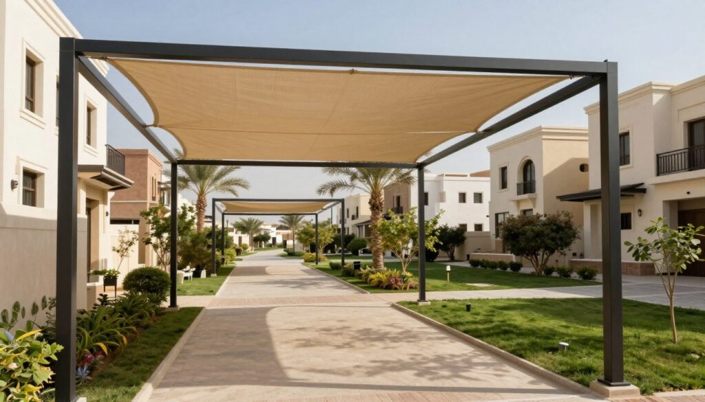 Create an image showcasing professionally installed shade structures over walkways in a residential complex, specifically designed for Saudi villas and houses. In the foreground, feature a series of elegant, custom shade canopies made of durable fabric, casting soft shadows on the pathways beneath. The middle ground should depict well-maintained gardens and pathways winding between houses, allowing for a serene walking experience. In the background, include modern residential architecture typical of the Gulf region, complemented by palm trees and a clear blue sky. The lighting should be bright and warm, evoking a sense of safety and comfort. Aim for a thoughtful atmosphere that highlights the convenience and aesthetics of shaded walkways in residential living. No people should be present in the image to maintain focus on the structures themselves.