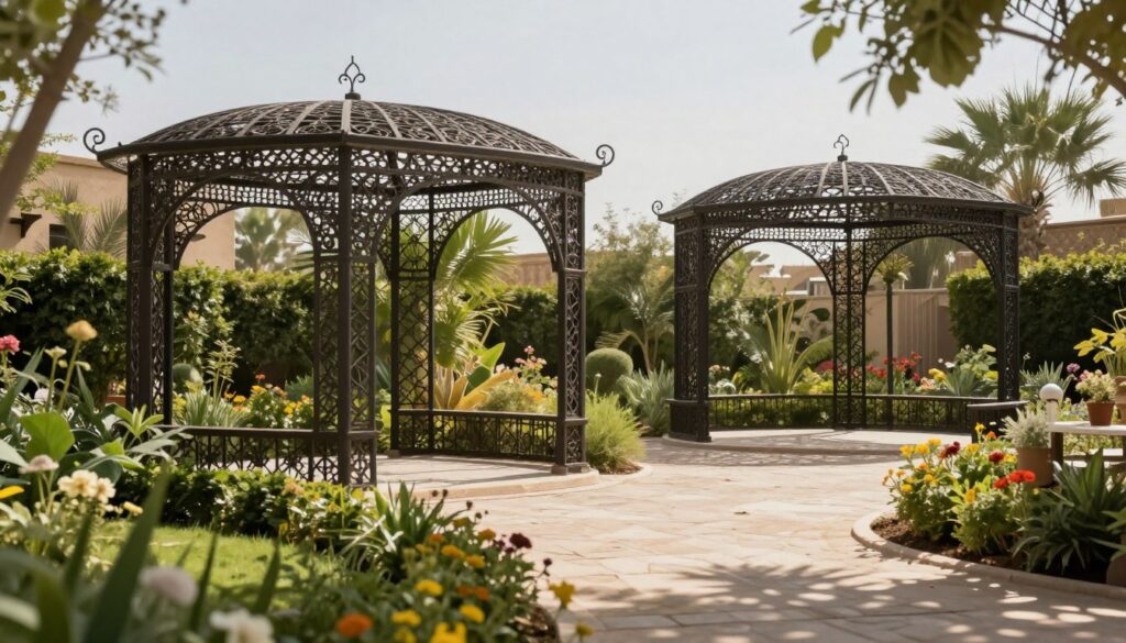 Custom-designed wrought iron shade structures elegantly arching over a serene garden in Al-Rawda neighborhood, showcasing intricate patterns and craftsmanship. In the foreground, lush greenery and vibrant flowers complement the sturdy, artistic nature of the ironwork. The middle ground features the elegant profiles of the shade structures casting playful shadows across the rustic stone path, creating a sense of depth. The background includes a clear, bright sky with soft, dappled sunlight filtering through the iron patterns, enhancing the mood of tranquility and sophistication. The atmosphere is calm and inviting, emphasizing the beauty and functionality of the shade structures for enhancing outdoor spaces. Ideal lens: 50mm, soft focus with a warm color palette. Custom-designed wrought iron shade structures elegantly arching over a serene garden in Al-Rawda neighborhood, showcasing intricate patterns and craftsmanship. In the foreground, lush greenery and vibrant flowers complement the sturdy, artistic nature of the ironwork. The middle ground features the elegant profiles of the shade structures casting playful shadows across the rustic stone path, creating a sense of depth. The background includes a clear, bright sky with soft, dappled sunlight filtering through the iron patterns, enhancing the mood of tranquility and sophistication. The atmosphere is calm and inviting, emphasizing the beauty and functionality of the shade structures for enhancing outdoor spaces. Ideal lens: 50mm, soft focus with a warm color palette.