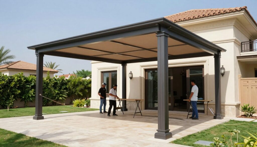 Depict a professional installation of custom shade structures designed to withstand various weather conditions, specifically in a residential setting. In the foreground, showcase a sleek, modern shade structure made from durable materials, featuring a stylish canopy shielding a beautifully landscaped patio. In the middle ground, illustrate workers in professional attire skillfully erecting the structure, emphasizing teamwork and expertise. The background should feature a picturesque Saudi villa under a clear blue sky, surrounded by lush greenery. The lighting should be bright and natural, casting soft shadows, while the overall atmosphere conveys a sense of sophistication and reliability in weather-resistant design.
