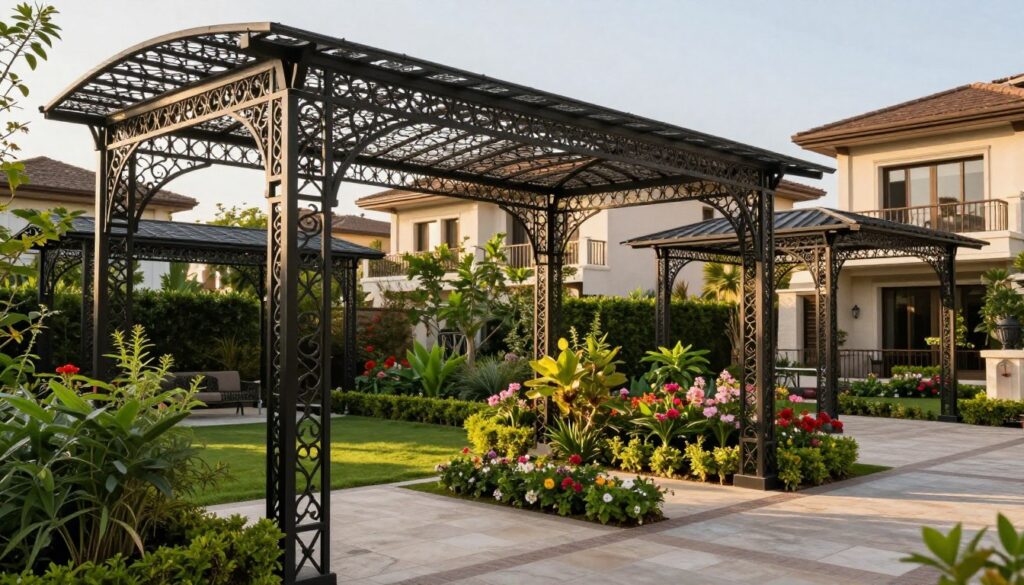 Detailed unique wrought iron canopies, showcasing innovative designs, elegantly shading a beautifully landscaped garden in the Al-Rawda neighborhood. The foreground features an intricately designed iron structure, highlighted by soft, warm sunlight filtering through its delicate patterns. In the middle ground, lush greenery and vibrant flowers complement the canopies, emphasizing the beauty of outdoor spaces. The background reveals a serene neighborhood with stylish villas, casting gentle shadows that enhance the charm of the scene. Capture the atmosphere of sophistication and durability, reflecting the artistry involved in crafting these shade structures. The image should convey a sense of tranquility and refinement, emphasizing how these installations enhance the aesthetic of luxurious gardens. Use a balanced composition, natural lighting, and a clear perspective to showcase the intricate details of the ironwork. Detailed unique wrought iron canopies, showcasing innovative designs, elegantly shading a beautifully landscaped garden in the Al-Rawda neighborhood. The foreground features an intricately designed iron structure, highlighted by soft, warm sunlight filtering through its delicate patterns. In the middle ground, lush greenery and vibrant flowers complement the canopies, emphasizing the beauty of outdoor spaces. The background reveals a serene neighborhood with stylish villas, casting gentle shadows that enhance the charm of the scene. Capture the atmosphere of sophistication and durability, reflecting the artistry involved in crafting these shade structures. The image should convey a sense of tranquility and refinement, emphasizing how these installations enhance the aesthetic of luxurious gardens. Use a balanced composition, natural lighting, and a clear perspective to showcase the intricate details of the ironwork.