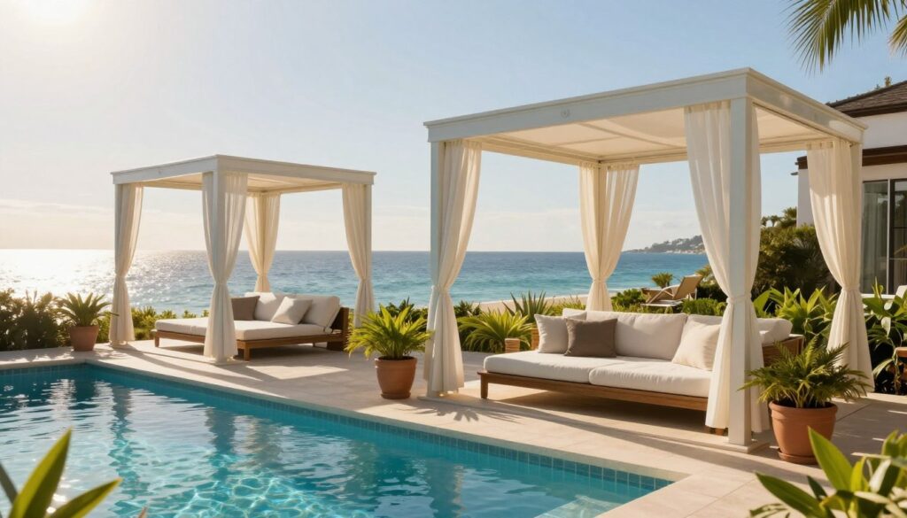 Elegant and modern polycarbonate shade structures for swimming pools in a luxurious beachside villa setting, showcasing a comfortable lounge area with tasteful outdoor furniture. In the foreground, vibrant green potted plants are strategically placed around the pool, adding a touch of freshness. The middle ground features meticulously installed Lexan canopies providing shade while allowing soft sunlight to filter through, casting gentle shadows. In the background, a breathtaking view of the sparkling blue sea meets a clear sky, enhancing the atmosphere of relaxation and elegance. The scene is bathed in warm, golden hour lighting, highlighting the sheen of the shade structures and the pool water. Captured with a wide-angle lens to emphasize the spaciousness and serenity of this outdoor oasis, creating a tranquil and inviting mood. Elegant and modern polycarbonate shade structures for swimming pools in a luxurious beachside villa setting, showcasing a comfortable lounge area with tasteful outdoor furniture. In the foreground, vibrant green potted plants are strategically placed around the pool, adding a touch of freshness. The middle ground features meticulously installed Lexan canopies providing shade while allowing soft sunlight to filter through, casting gentle shadows. In the background, a breathtaking view of the sparkling blue sea meets a clear sky, enhancing the atmosphere of relaxation and elegance. The scene is bathed in warm, golden hour lighting, highlighting the sheen of the shade structures and the pool water. Captured with a wide-angle lens to emphasize the spaciousness and serenity of this outdoor oasis, creating a tranquil and inviting mood.