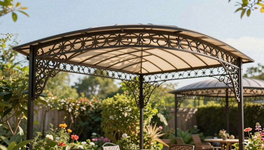 Elegant wrought iron canopies meticulously crafted, casting intricate shadows over a serene garden setting. In the foreground, showcase the ornate details of the ironwork, featuring decorative patterns and curves that highlight the craftsmanship. The middle ground includes lush green plants and colorful flowers, enhancing the sense of tranquility. The background displays a clear blue sky with soft, warm sunlight filtering through the iron structure, creating a soft glow. Capture the scene from a slightly elevated angle to give depth, emphasizing the harmony between the shade structure and the natural elements. The mood is inviting and peaceful, illustrating the durability and aesthetic appeal of wrought iron shade canopies in enhancing outdoor living spaces. Elegant wrought iron canopies meticulously crafted, casting intricate shadows over a serene garden setting. In the foreground, showcase the ornate details of the ironwork, featuring decorative patterns and curves that highlight the craftsmanship. The middle ground includes lush green plants and colorful flowers, enhancing the sense of tranquility. The background displays a clear blue sky with soft, warm sunlight filtering through the iron structure, creating a soft glow. Capture the scene from a slightly elevated angle to give depth, emphasizing the harmony between the shade structure and the natural elements. The mood is inviting and peaceful, illustrating the durability and aesthetic appeal of wrought iron shade canopies in enhancing outdoor living spaces.