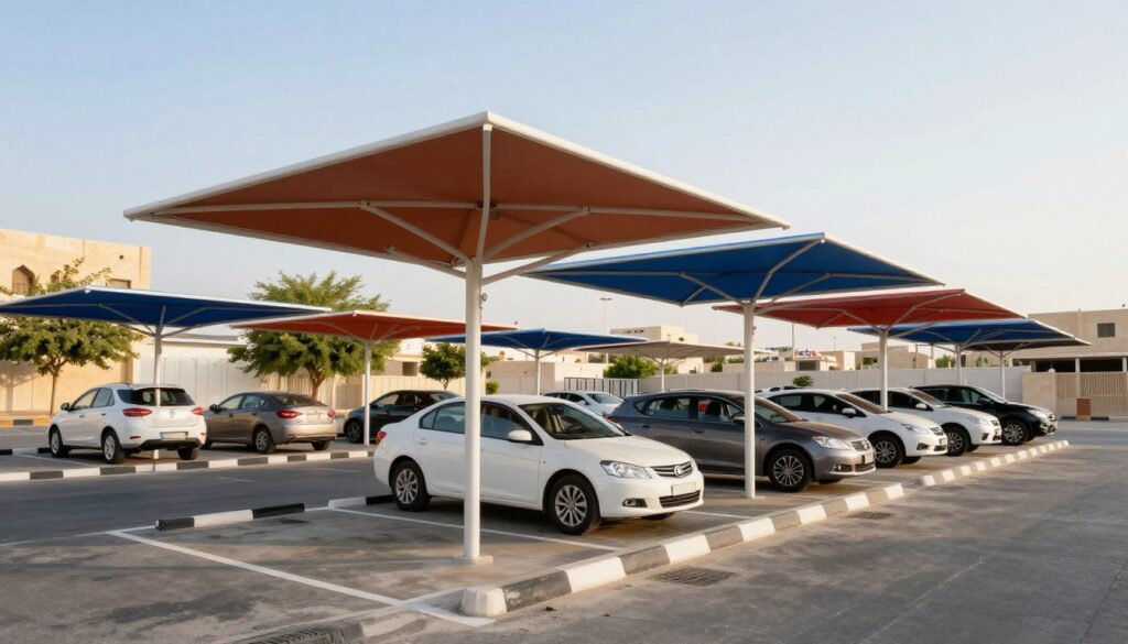 Foreground: A sleek, professionally installed group of car parking shade structures, showcasing vibrant colors and modern designs, providing ample shade for parked vehicles. Middle: A view of the bustling Al-Nahda neighborhood, emphasizing the methodical arrangement of the shade structures, with a few vehicles parked underneath them. Background: A bright, clear sky over the eastern region of Saudi Arabia, with hints of greenery in the surroundings and architectural features typical of the area. Lighting: Soft, natural sunlight casting gentle shadows, creating a warm and inviting atmosphere. Angle: A slightly elevated viewpoint, capturing a broad view of the parking area and the architectural elegance of the shade installations. The overall mood is professional, efficient, and community-focused, illustrating a practical solution for shade in urban settings.