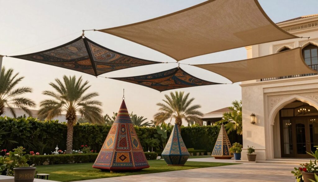 Hanging shade structures elegantly installed in the outdoor setting of a luxurious Saudi villa. In the foreground, display several high-quality, artistic hanging shade models in varying designs, such as cantilevered and triangular shapes, showcasing detailed textures and vibrant colors. The middle ground features the villa's lush garden with palms and flowers, subtly enhancing the visual appeal. In the background, a hint of the elegant architecture of the villa can be seen under soft, warm golden hour lighting that casts gentle shadows, creating a tranquil ambiance. The photo should be taken at a slightly elevated angle to capture the full depth of the landscape and structures. The overall mood should convey sophistication and artistic flair, symbolizing the aesthetic enhancement these custom shade structures provide to the outdoor environment.
