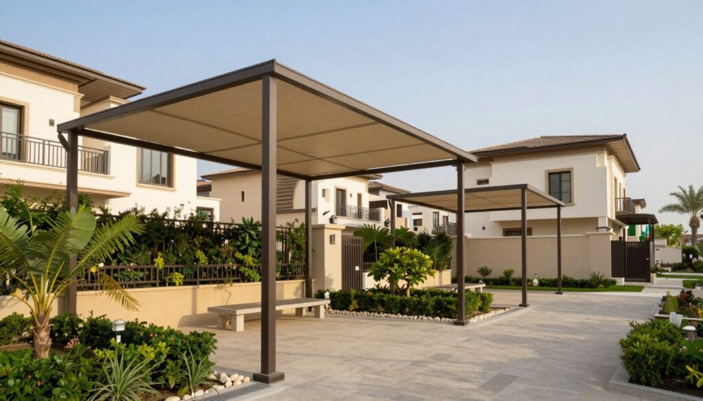 High-quality image of custom shade structures in a residential area, specifically designed for walkways in a Saudi villa community. The foreground features neat, elegant shade canopies, showcasing materials like durable fabric and metal frames, creating a covered pathway. In the middle ground, well-maintained landscaping complements the canopies, with lush greenery and decorative stones. The background shows simple yet stylish villa facades, with a clear blue sky above, emphasizing a warm, inviting atmosphere. Soft natural lighting illuminates the scene, enhancing the textures of the materials used. The angle should be slightly elevated, capturing both the beauty of the walkway and the architectural details of the villas. Aim for a serene, safe, and comfortable environment that reflects modern living.