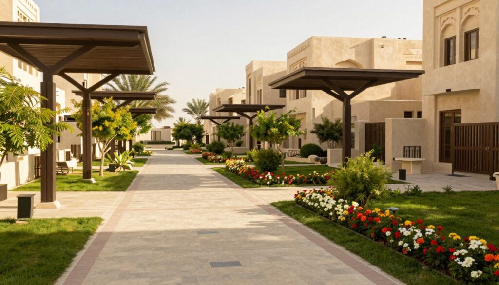 High-quality image of shaded pathways in a residential complex in Al Khaleej, Saudi Arabia. Foreground features elegant, custom-designed shade structures resembling modern canopies, providing protection from the sun. Middle ground shows well-paved walkways, bordered by lush greenery and vibrant flower beds, creating an inviting atmosphere. In the background, picturesque villas with traditional Saudi architectural elements enhance the scene. The lighting is warm and bright, suggesting a sunny day, with soft shadows cast by the shade structures. The angle is slightly elevated, capturing the layout and flow of the pathways. The mood is serene and safe, emphasizing comfort and community in outdoor living spaces. Ensure no people are depicted in the image.