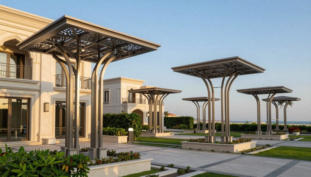 High-quality metal shade structures elegantly installed around upscale villas in Al-Sayf and Al-Ghernata, showcasing modern architectural design. The foreground features sleek, metallic canopies with intricate patterns offering shade and style. In the middle ground, luxurious villas with elegant facades are partially visible, reflecting the sun’s warm glow, creating a contrast with the cool metallic hues. The background reveals lush greenery and the tranquil coast of Dammam, under a clear blue sky. The scene is bathed in soft, natural lighting during the golden hour, providing a serene and inviting atmosphere. The perspective is slightly elevated, capturing the grandeur of the installations in a picturesque setting. No human subjects present, ensuring a focus on the architecture. High-quality metal shade structures elegantly installed around upscale villas in Al-Sayf and Al-Ghernata, showcasing modern architectural design. The foreground features sleek, metallic canopies with intricate patterns offering shade and style. In the middle ground, luxurious villas with elegant facades are partially visible, reflecting the sun’s warm glow, creating a contrast with the cool metallic hues. The background reveals lush greenery and the tranquil coast of Dammam, under a clear blue sky. The scene is bathed in soft, natural lighting during the golden hour, providing a serene and inviting atmosphere. The perspective is slightly elevated, capturing the grandeur of the installations in a picturesque setting. No human subjects present, ensuring a focus on the architecture.