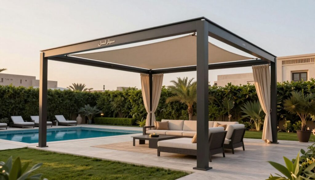 Illustrate a stunning and modern installation of custom shade structures in a serene Saudi villa setting in Dammam. In the foreground, depict a sleek, stylish "سواتر لكسان" shade structure designed for high light permeability and maximum privacy, showcasing its elegant lines and contemporary materials. The middle ground features well-manicured gardens and a luxurious pool area, inviting relaxation. In the background, subtle hints of traditional architecture blend harmoniously with the modern shade structure. The scene is illuminated by soft, warm evening light, creating a tranquil and inviting atmosphere. Capture the mood of comfort and privacy, emphasizing the architectural beauty and functional design of the shade, free from any human figures or distractions.