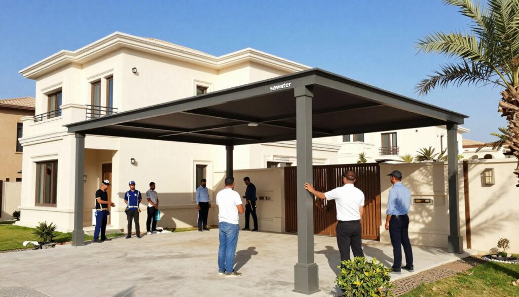 In a bright and sunny outdoor setting, showcase a professional installation of modern shade structures, or "sawater," at a villa in a residential neighborhood in the Dammam region. In the foreground, skilled installers, dressed in smart business attire, are diligently assembling sleek, contemporary shade canopies made of durable materials, designed to provide protection from the intense Middle Eastern sun. In the middle ground, elegant Saudi villas with attractive landscaping subtly complement the installation process, highlighting the aesthetic appeal of the shade structures. The background features clear blue skies and palm trees, enhancing the warm and inviting atmosphere. The lighting is bright and vibrant, suggesting afternoon sunshine, while the overall mood conveys professionalism and dedication to quality service in outdoor home enhancements.