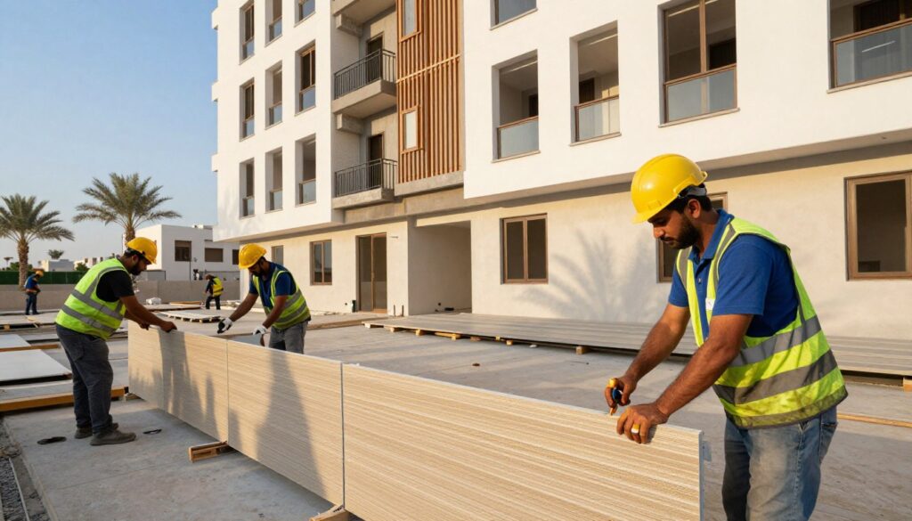In a vibrant neighborhood of Dammam, a skilled team of workers in professional attire installs fire-resistant sandwich panels on a modern residential building. The foreground captures the workers diligently fitting panels together with precision tools and safety gear, showcasing their expertise. In the middle ground, the half-constructed facade of the building gleams under the warm afternoon sun, highlighting the sleek lines of the sandwich panels. The background features typical Dammam architecture, with palm trees swaying softly and a clear blue sky overhead. The scene conveys a sense of dedication and safety, focusing on the importance of professional installation as part of community development. The lighting is bright and from the right side, creating soft shadows that enhance the textures of the panels.