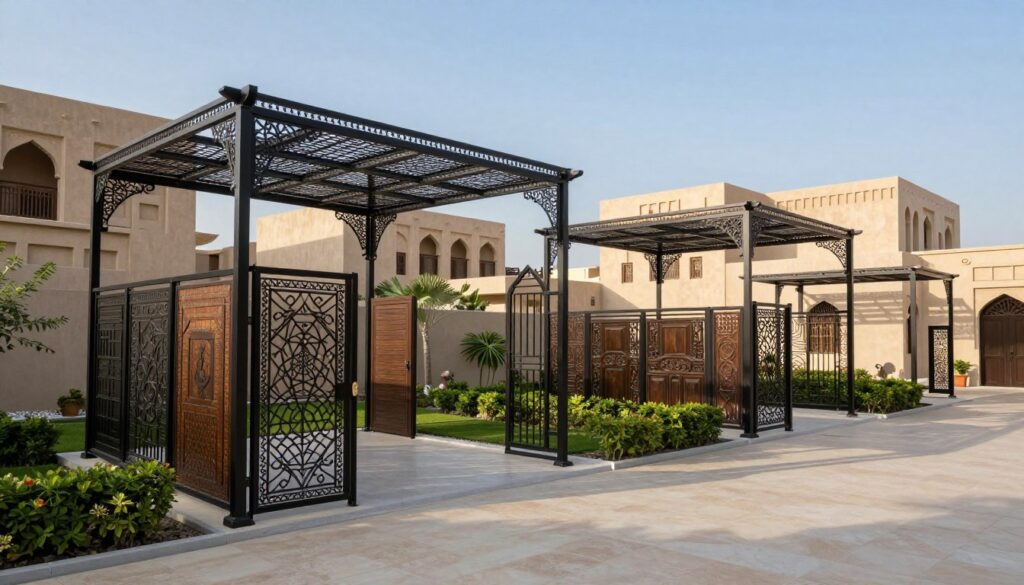 Innovative iron shading designs tailored for Saudi villas, showcasing a variety of sophisticated structures. In the foreground, highlight a selection of custom shade panels with unique patterns and textures, emphasizing their sturdy iron composition. The middle ground should feature a beautifully landscaped garden with traditional Arabian architecture, smoothly blending contemporary designs with historical elements. In the background, a clear blue sky enhances the mood of warmth and security. Include soft, natural lighting that casts gentle shadows, emphasizing the textures of the ironwork. Use a wide-angle perspective to capture the full scope of the installation, evoking a sense of elegance and durability while maintaining a tranquil and inviting atmosphere.