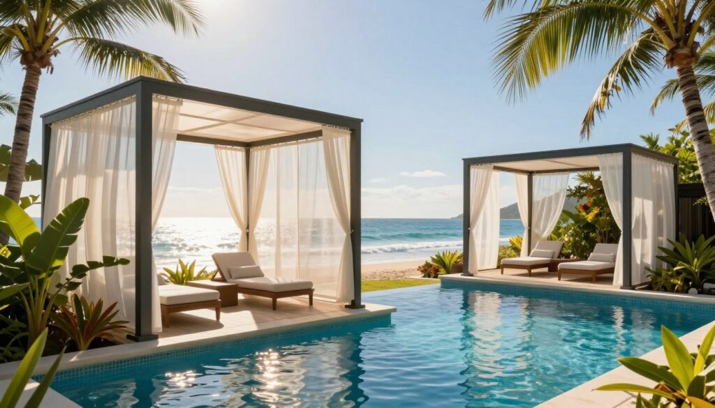 Luxurious Lexan shade structures elegantly installed around a stunning swimming pool at a villa near the beach. In the foreground, the custom shade canopies feature a modern design, crafted with translucent Lexan panels that allow soft, diffused sunlight to filter through, along with vibrant, tropical plants and lounge chairs providing an inviting atmosphere. The middle ground showcases the clear blue water of the pool reflecting the sunlight, with gentle waves from the ocean visible beyond. The background reveals a picturesque seaside view, with palm trees swaying in the breeze and a bright blue sky creating a serene, tranquil mood. The scene is bathed in warm, golden afternoon light, evoking a sense of relaxation and elegance, perfect for enjoying the stunning ocean vista. Luxurious Lexan shade structures elegantly installed around a stunning swimming pool at a villa near the beach. In the foreground, the custom shade canopies feature a modern design, crafted with translucent Lexan panels that allow soft, diffused sunlight to filter through, along with vibrant, tropical plants and lounge chairs providing an inviting atmosphere. The middle ground showcases the clear blue water of the pool reflecting the sunlight, with gentle waves from the ocean visible beyond. The background reveals a picturesque seaside view, with palm trees swaying in the breeze and a bright blue sky creating a serene, tranquil mood. The scene is bathed in warm, golden afternoon light, evoking a sense of relaxation and elegance, perfect for enjoying the stunning ocean vista.